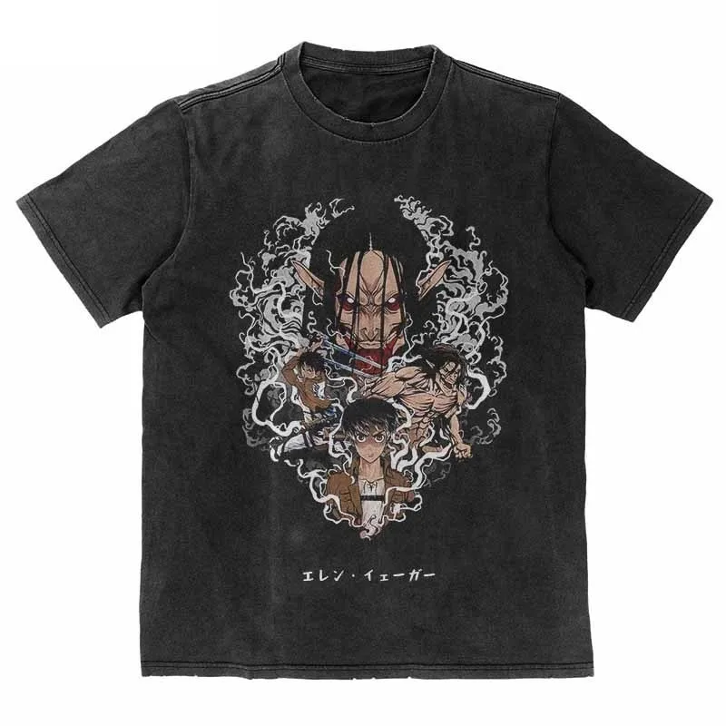 Anime Attack On Titan Eren Jaeger Graphic Printed T Shirt Men Women Y2k T-shirts Washed Cotton Tee Harajuku Male Loose Tshirt
