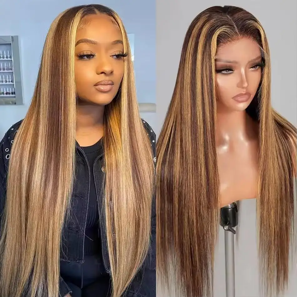 

40 46 Inches P4/27 Highlight straight 13x6 13x4 HD Transparent Lace Frontal Wigs human hair 200 Density Brazilian human hair