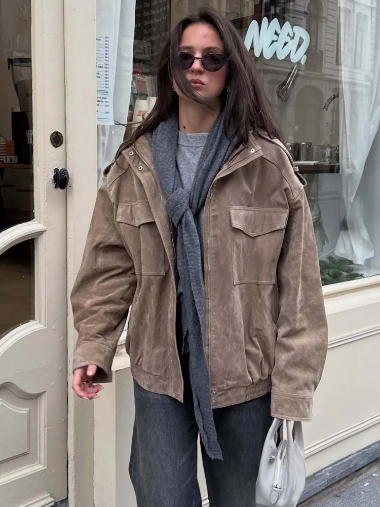 HH Vintage Loose Solid Suede Jackets 2026 Spring Women Fashion Zipper Bomber Jackets Long Sleeve Lapel Coat Street Outwear