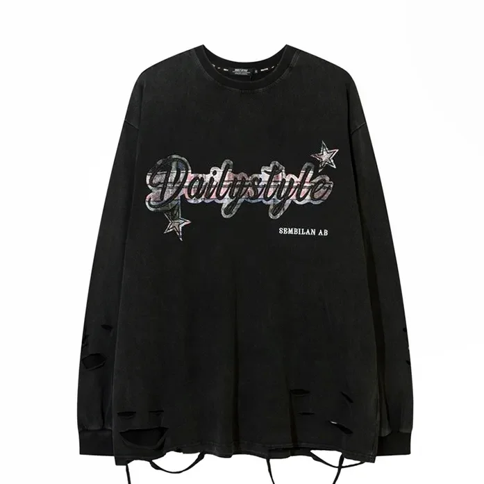 New 2025 Trend Letter Star Hole Long Sleeved Shirt Men Women Gothic Accessories Y2k Hip Hop Emo Tees Shirt Y2k 90s Retro Blouses