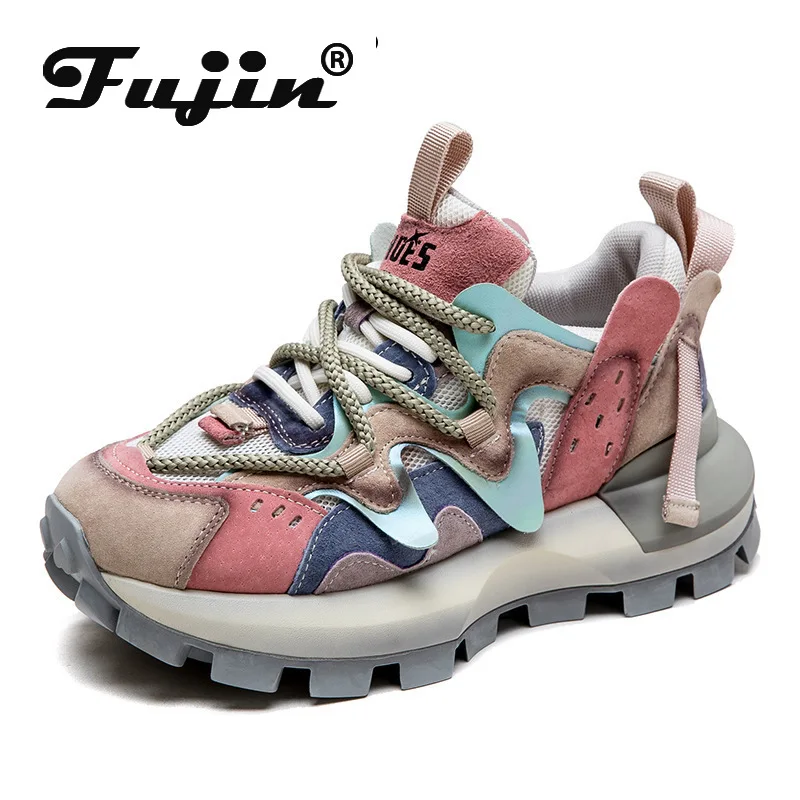 

Fujin 4.5cm Breathable Comfy Summer Flats Boots Mixed Color Fashion Shoes Air Mesh Genuine Leather Chunky Sneaker Sandals Women