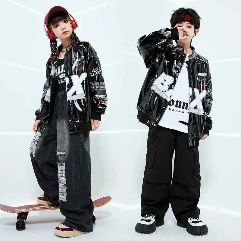 Kid Boy Jazz Dance Performance Stage Wear Black Letter Print Leather Jacket Ripped Jeans Set Girls Hip Hop Festival Rave Clothes