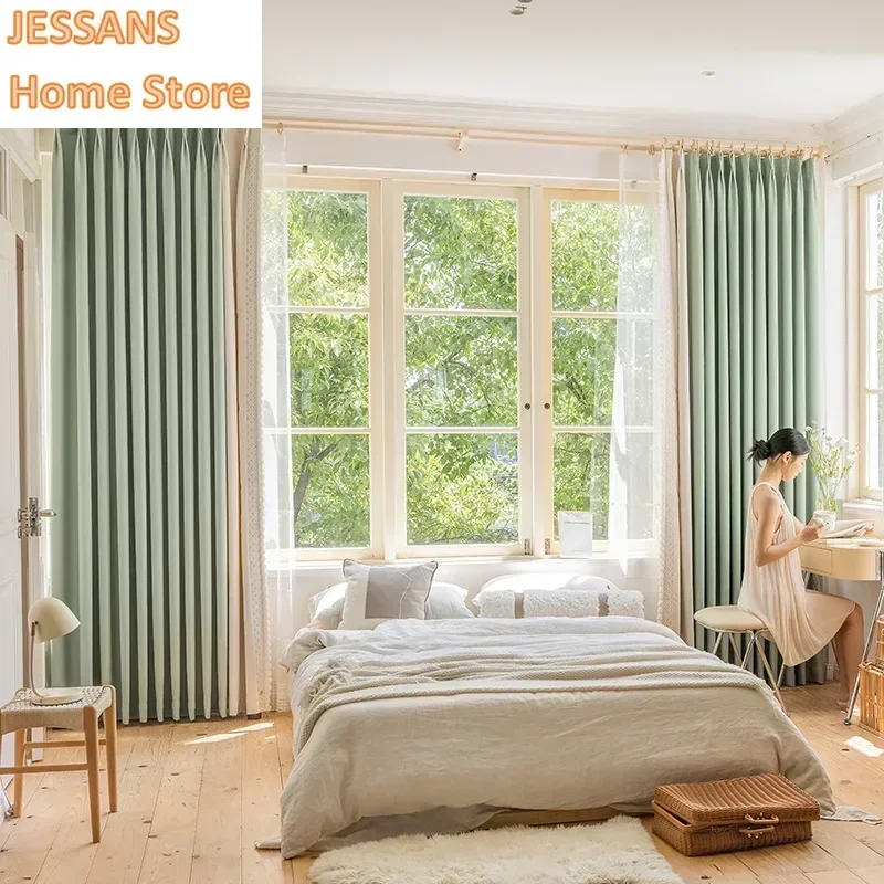 

Blackout American Matcha Chenille Splicing Curtains for Living Room Bedroom Nordic Modern Simple Luxury Thickening Custom