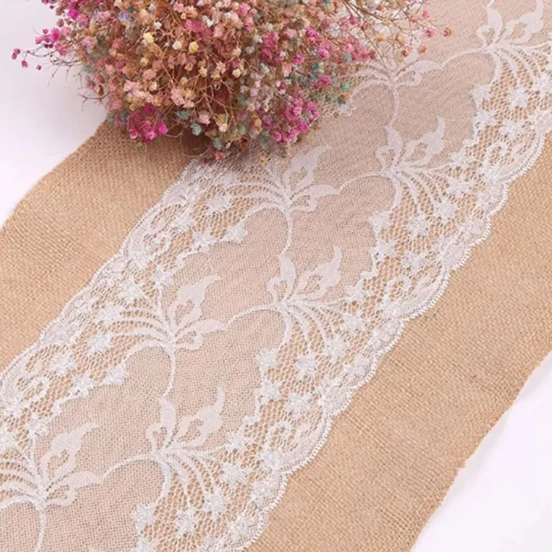 YOZA Burlap Table Runner, 30x275cm Lace Table Runner Vintage Natural Hessian Burlap Table Runners for Wedding Christmas Par