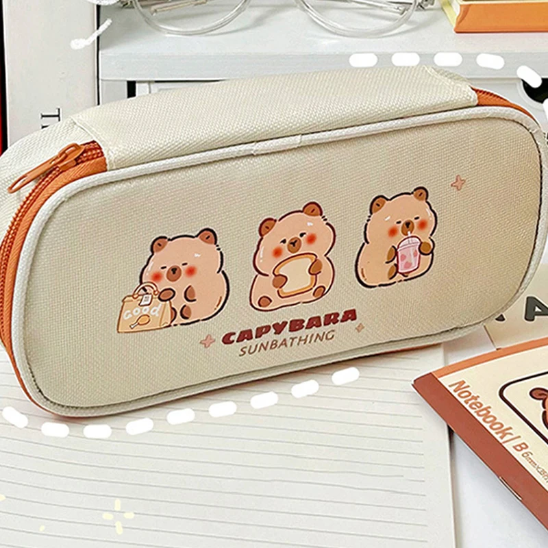 Large Capacity Pen Bag Cartoon Capybara Canvas Pencil Case For Student Stationery Cosmetics Travel Storage Bag School Supplies