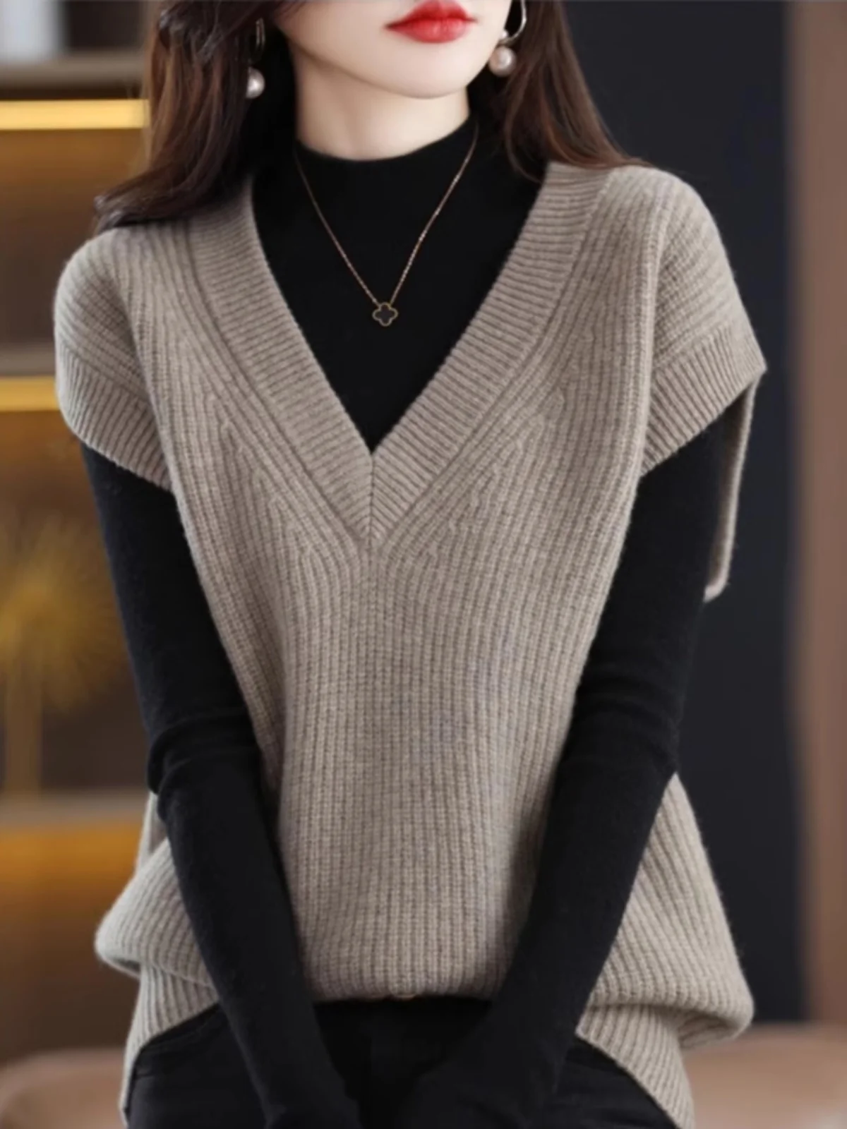 Warm Knitted V-Neck Sweater Vest Bottoming Vest Cozy Fleece Women's Fashion Commute Style Loose Fit Pure Color Autumn Wear