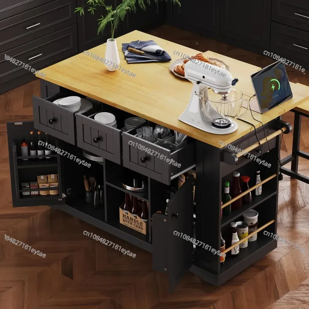 Rolling Kitchen Island Cart with Open Side Racks Kitchen Storage Island on Wheels with Drop Leaf & Power Outlet