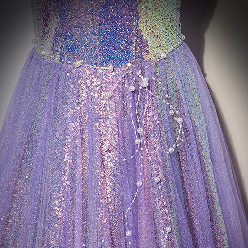 Evening Dress Purple Sequins Beading Pearl Bling Strapless Lace up A-line Pleat Floor Length Plus size Girl Party Dresses B2310