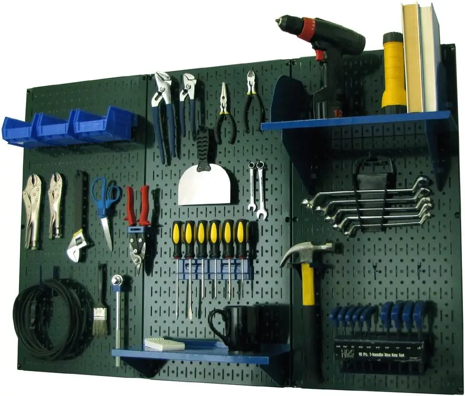 Pegboard Organizer Wall Control 4 ft. Metal Pegboard Standard Tool Storage Kit with Green Toolboard and Blue Accessories