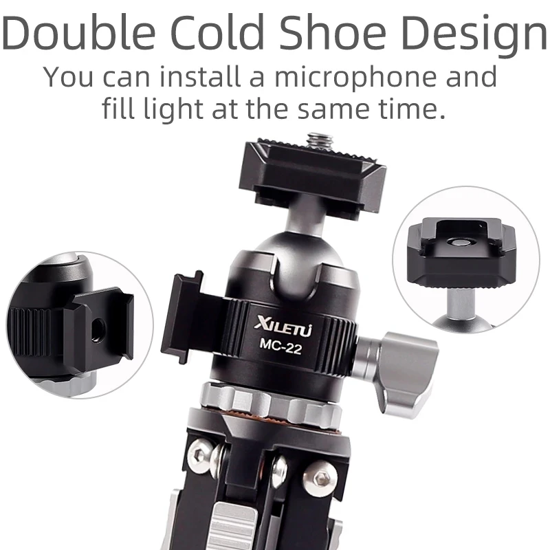 XILETU MC22 XT18 Mini Double Cold Shoe Ball Head Desktop Stand Tripod for Phone Mirrorless Camera Microphone With 1/4 Screw Hole