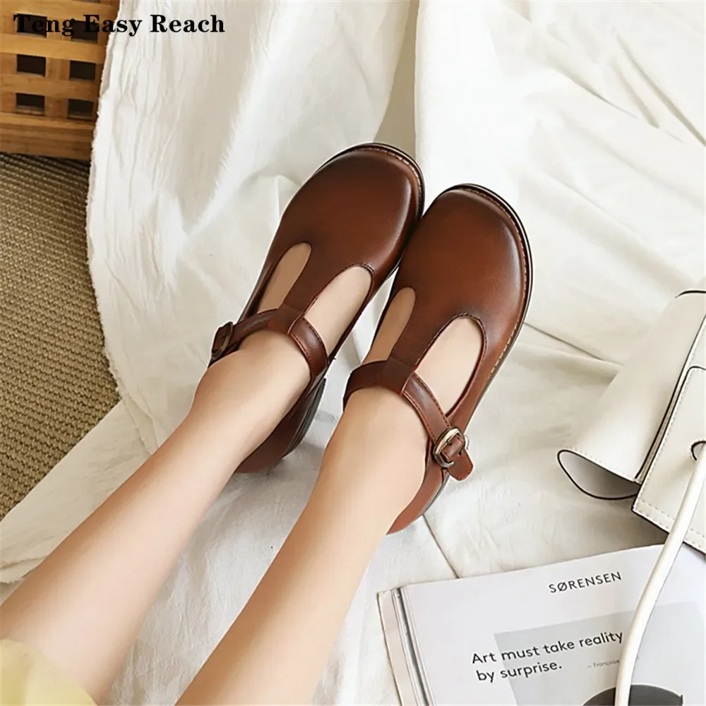 2024 New Fashion Round Toe Women Flats Shallow Mouth Mary Jane Women Flats Concise Ankle Strap Buckle Ladies Flat Shoes 48