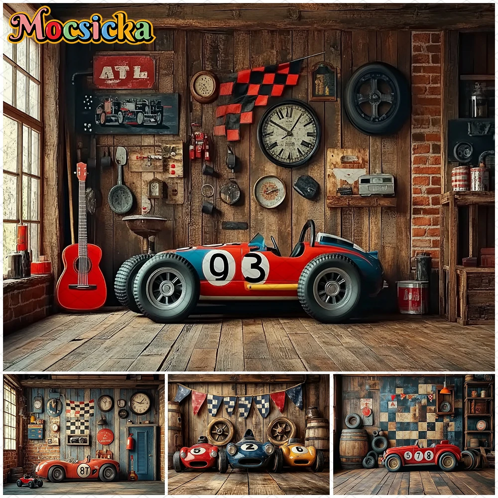 Mocsicka Racing Car Photo Backdrop Birthday Party Tire Repair Shop Wooden House Decorations Photography Background Studio Banner