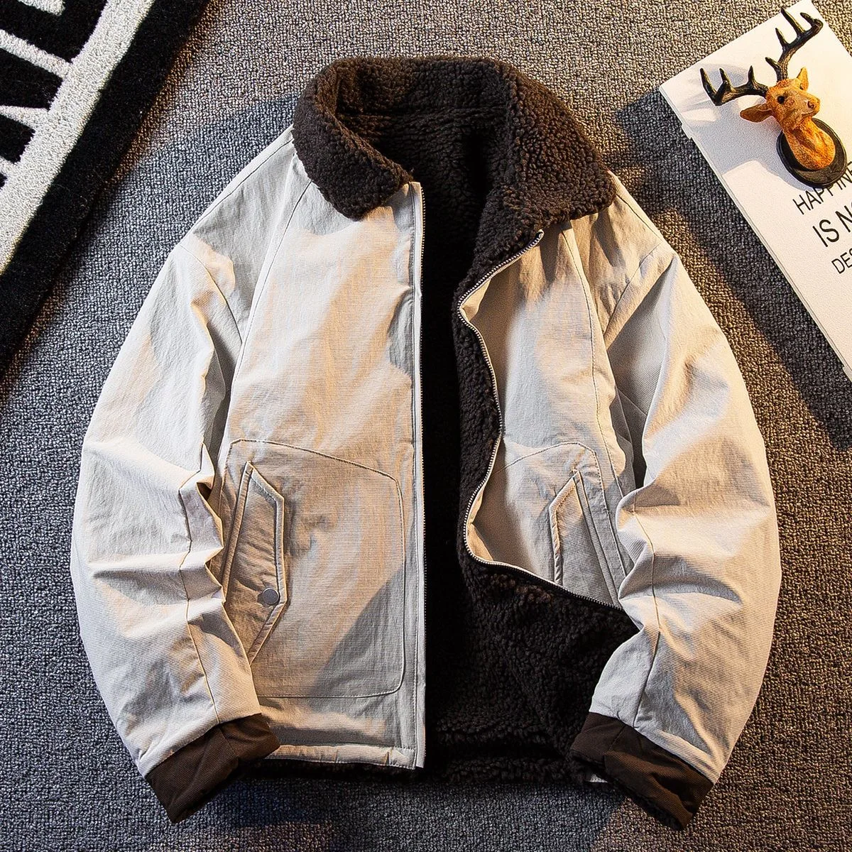 

New Autumn and Winter Fashion Solid Color Plus Plush Thick Warm Jacket For Men's Casual Loose Retro Sports High-Quality Jacket