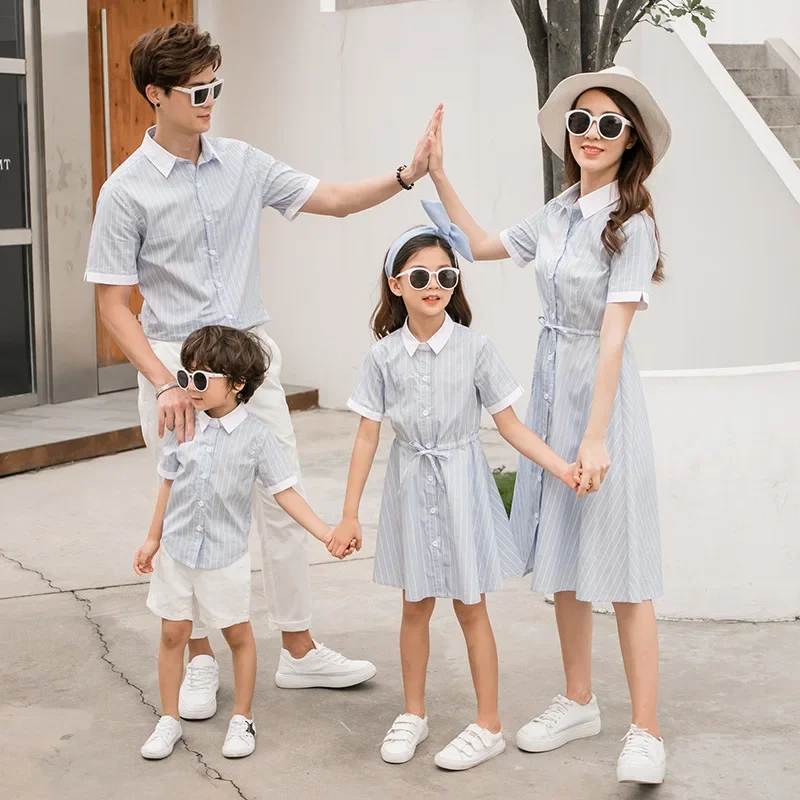 Mother Daughter Shirt Dresses Striped Blouse Mommy and Me Clothes Mom Son Outfits Family Matching Clothing Tee Shirts for Dad