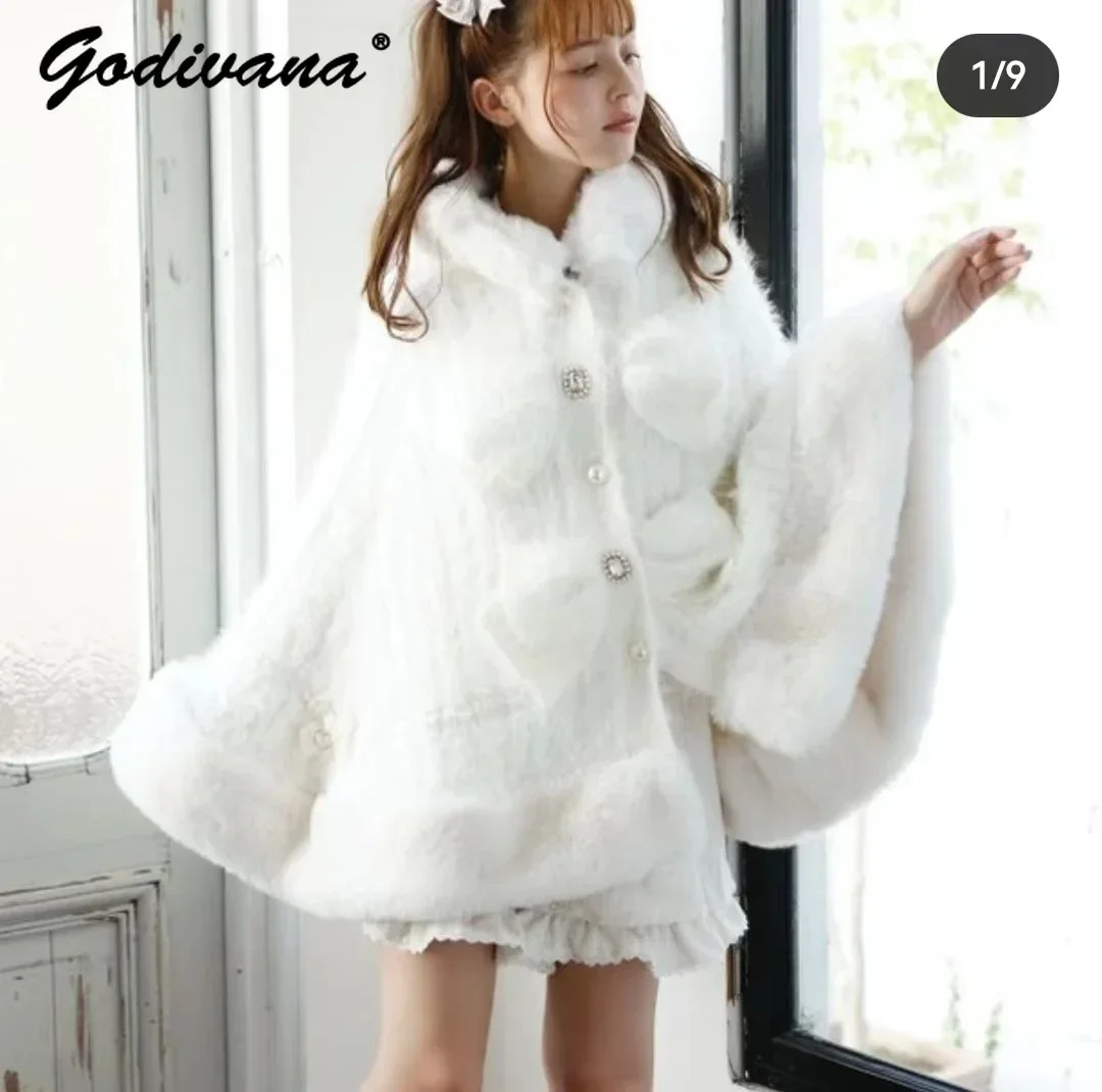 

Classic Japanese Liz Sweet Cute Imitation Rabbit Fur Cape Coat Female Winter Thicken Warm Fur Cloak Big Bow Loose Jacket Poncho