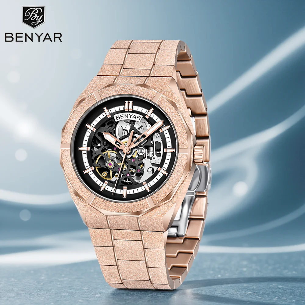 BEYAR 2025 41MM NEW hollow design luxury men automatic mechanical watches stainless steel sports clock Reloj Hombre BY-5212