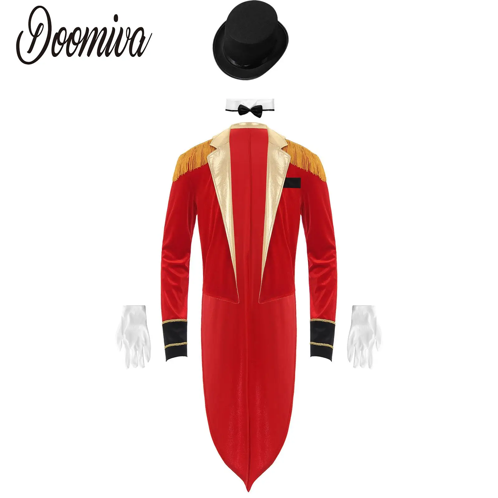 

Men Circus Ringmaster Performance Costume Long Sleeve Swallow-Tailed Master Jacket Halloween Lion Tamer Dress Up Tailcoat Outfit