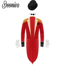 Men Circus Ringmaster Performance Costume Long Sleeve Swallow-Tailed Master Jacket Halloween Lion Tamer Dress Up Tailcoat Outfit