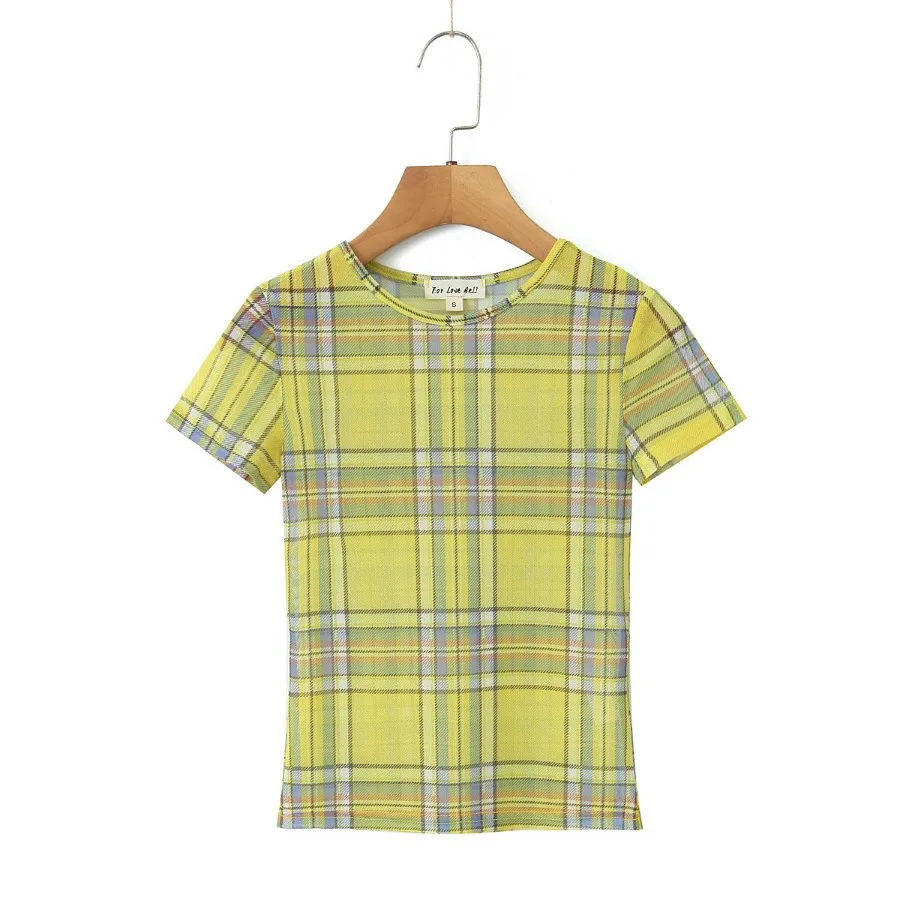 Summer Yellow Grid Film Fashion T-shirt Women Short  Sleeve Mesh Fabric Tees Print Crop Top Casual Woman T-shirts Clothes Y2k