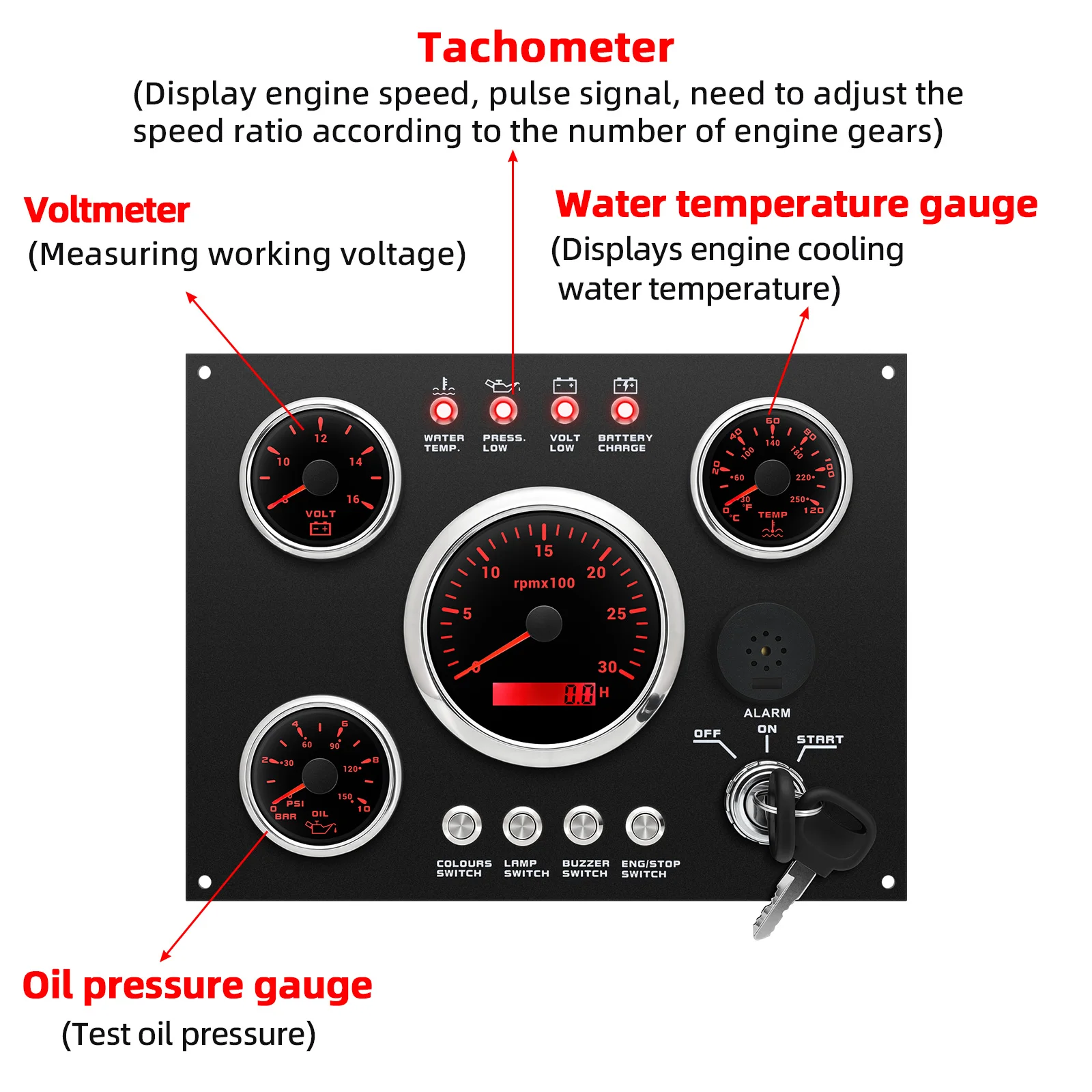 Customized 4 Gauge Set Switch Panel 85mm Tachometer 0~3000rpm For Car Boat 7 Color LED Water Temp Volt Oil Press Dashboard 12V