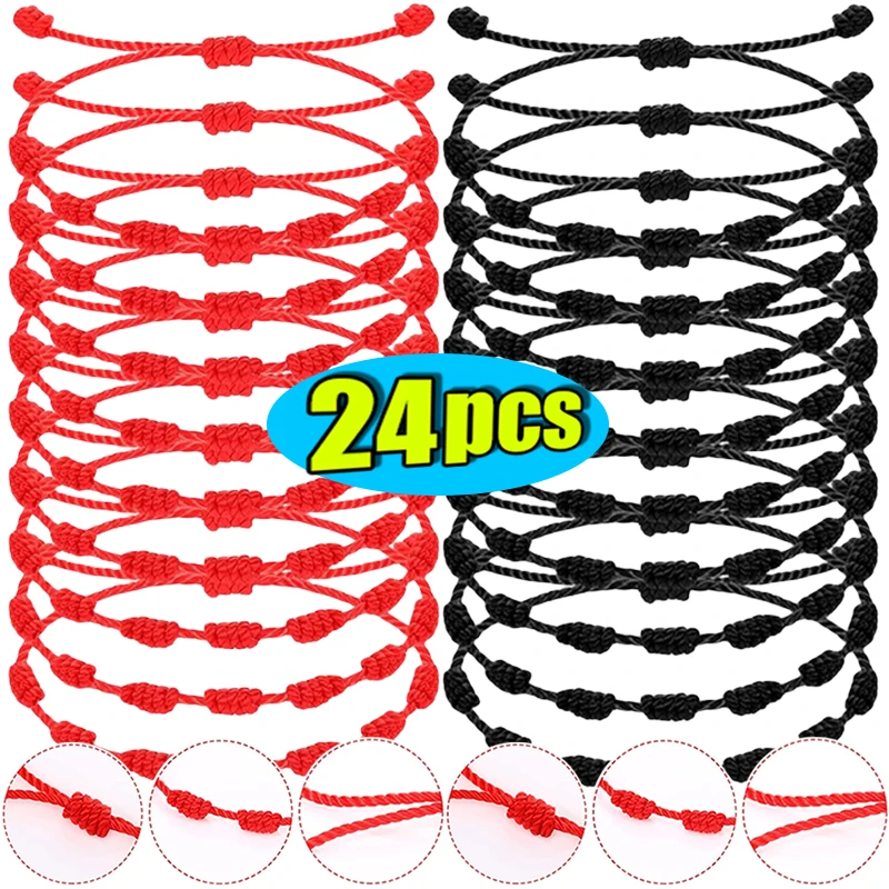 2/24pcs 7 Knots Red Black String Bracelet for Woman Men Lucky Amulet Handmade Rope Bracelets Friendship Couple Wristband Jewelry