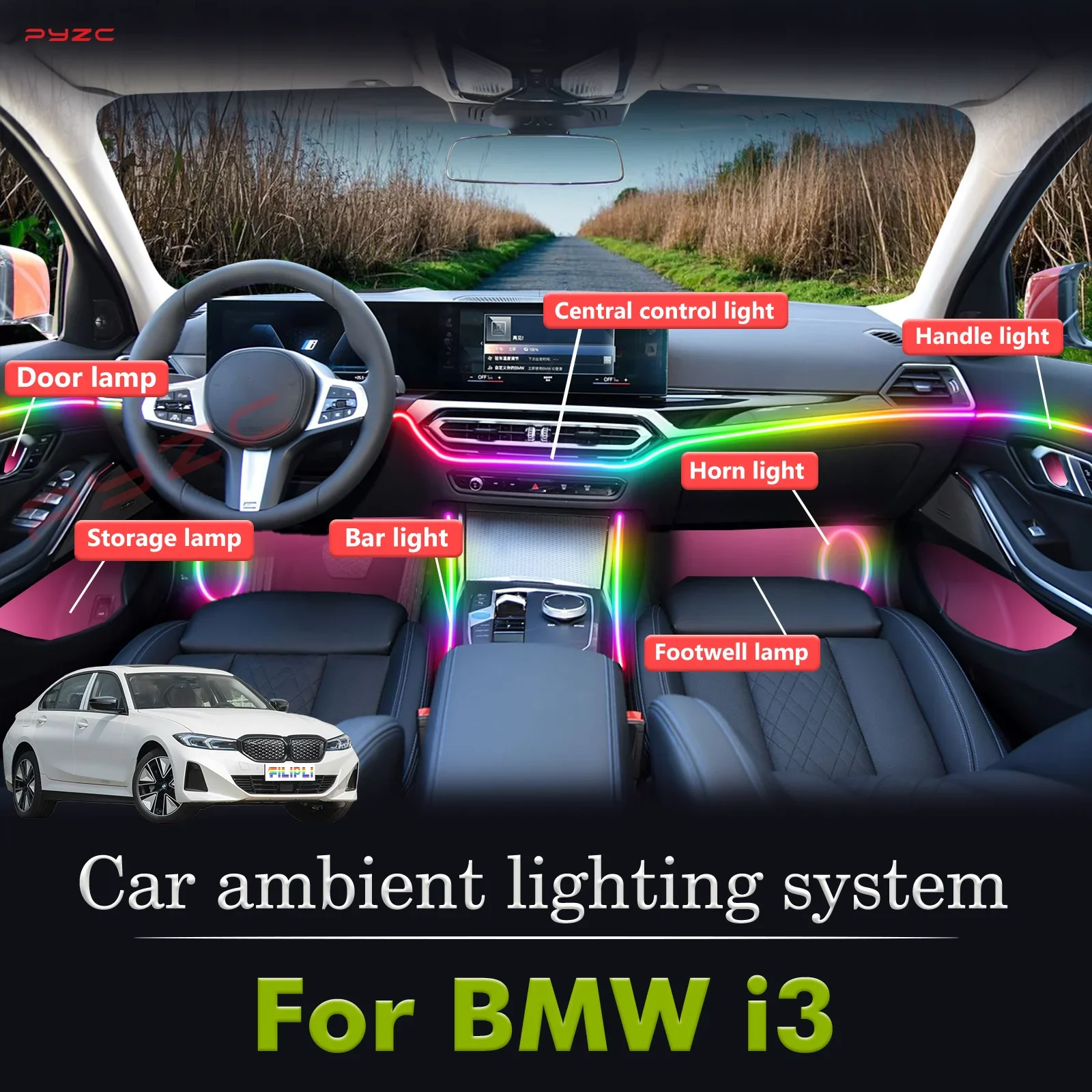 

For BMW I3 Car Interior Decorative Ambient Light RGB 64-Color LED Smart Remote Control Energy Saving Kit