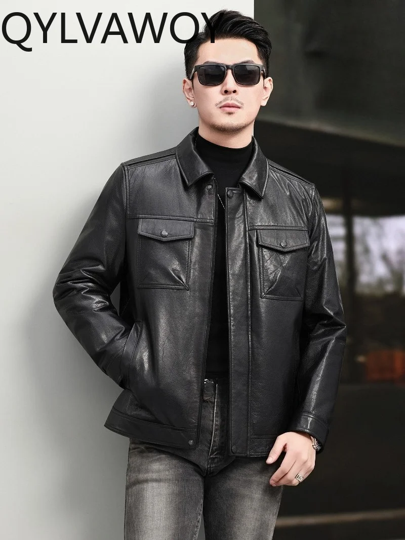 QYLVAWOY Genuine Leather Jacket Men Waxed Top Layer Cowhide Real Leather Coat Detachable Down Liner Lapel Collar Short Jackets