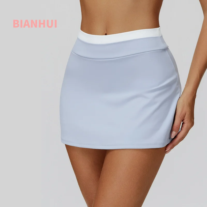

BIANHUI Nude Feel Color-Block High-Waisted Ribbed Fashion Fake Two-Piece Sports Skirts For Women Anti-Exposure Tennis Mini Skirt