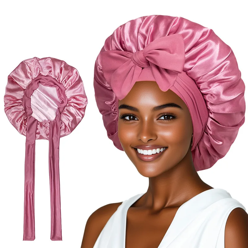 

Шляпа с широкими полями из искусственного шелка с атласной лентой и бантом для женщин, для ухода за волосами, как головной убор или шапочка для сна