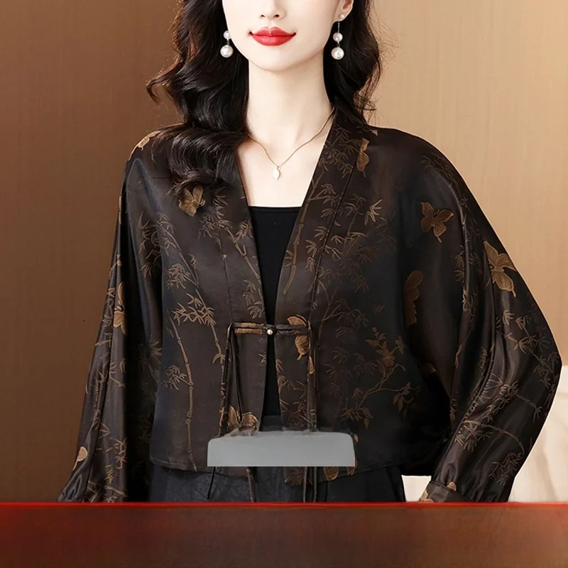 

Новый китайский шелковый кардиган, верхняя одежда, женский весенний топ с принтом, маленький размер, цветочный дизайн, Sense irt