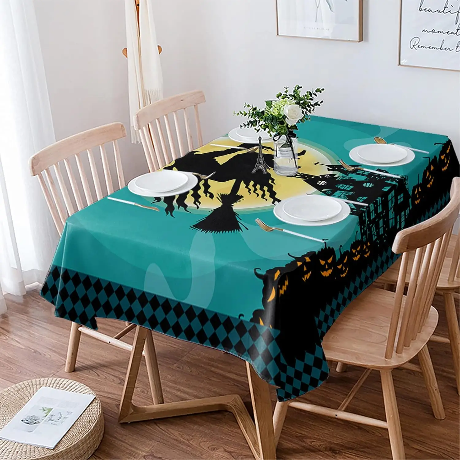 Halloween Witches Haunted House Waterproof Tablecloth Tabletop Decor Farmhouse Kitchen Dining Table Runner Halloween Decorations