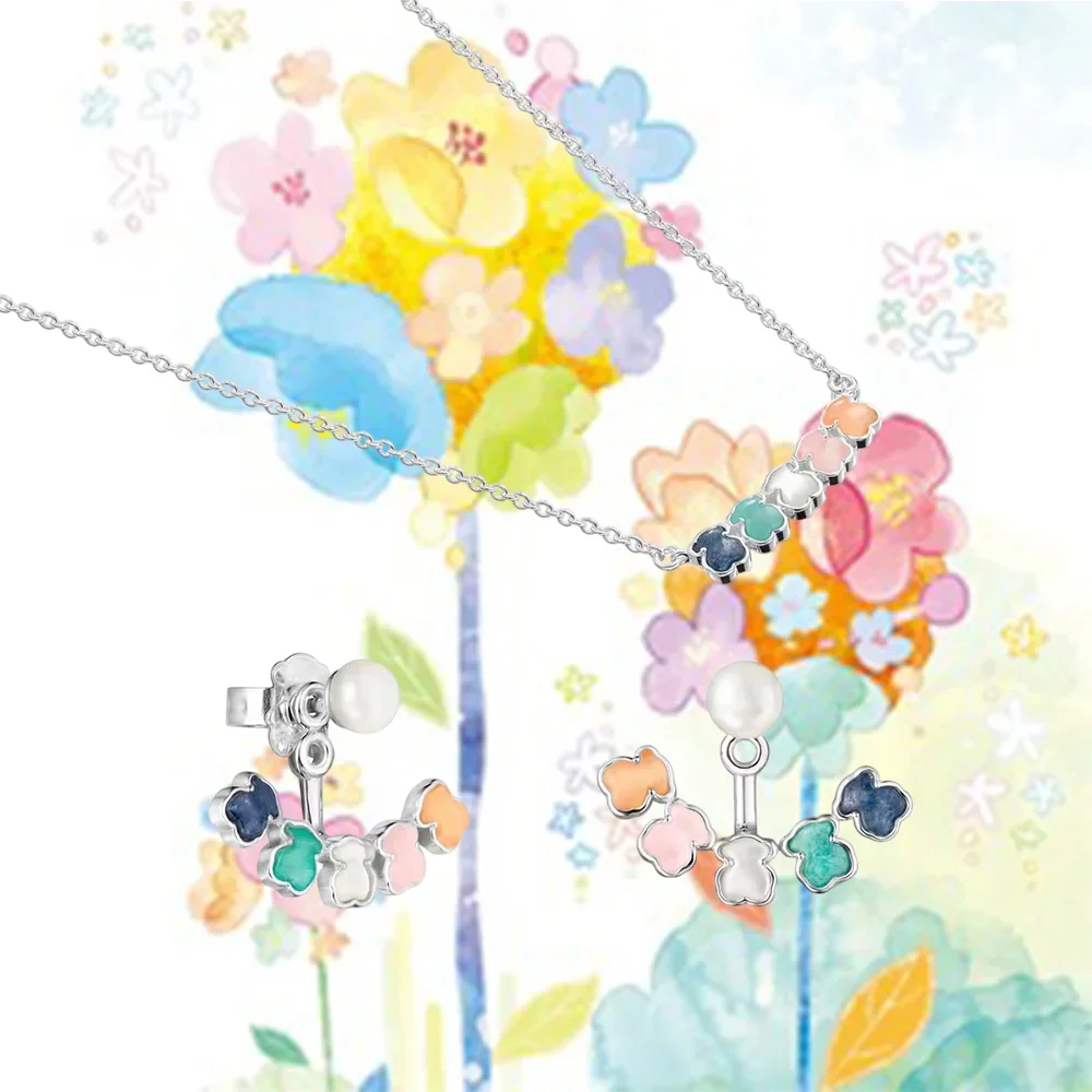 

Silver Jewelry Set with Colorful Enamel Bear & Pearl Elements, Cute & Trendy Design for Women, Ideal for Daily Wear and Gifting