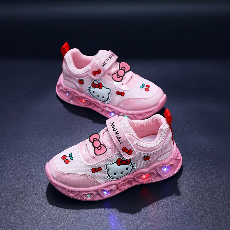 

Sanrio hello kitty повседневная обувь для девочек с подсветкой, весенне-осенние новые сетчатые дышащие детские кроссовки, обувь принцессы для малышей