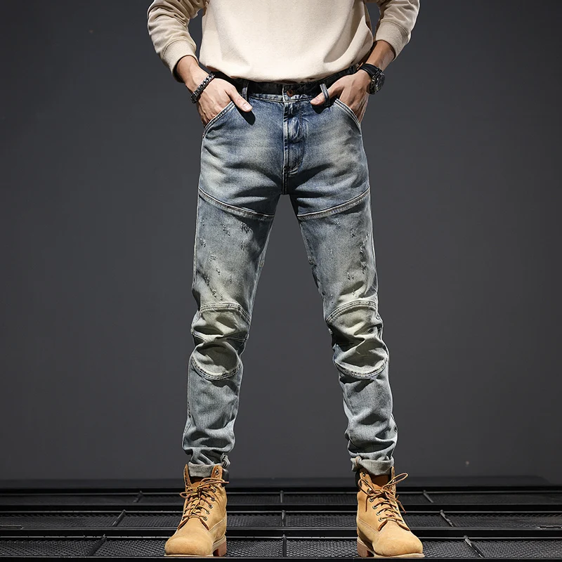 Motocycle Jeans Men Skinny Slim Patchwork Knight Denim Jeans Stretch Hip Hop Streetwear Men's Pants Mens Desinger Clothing