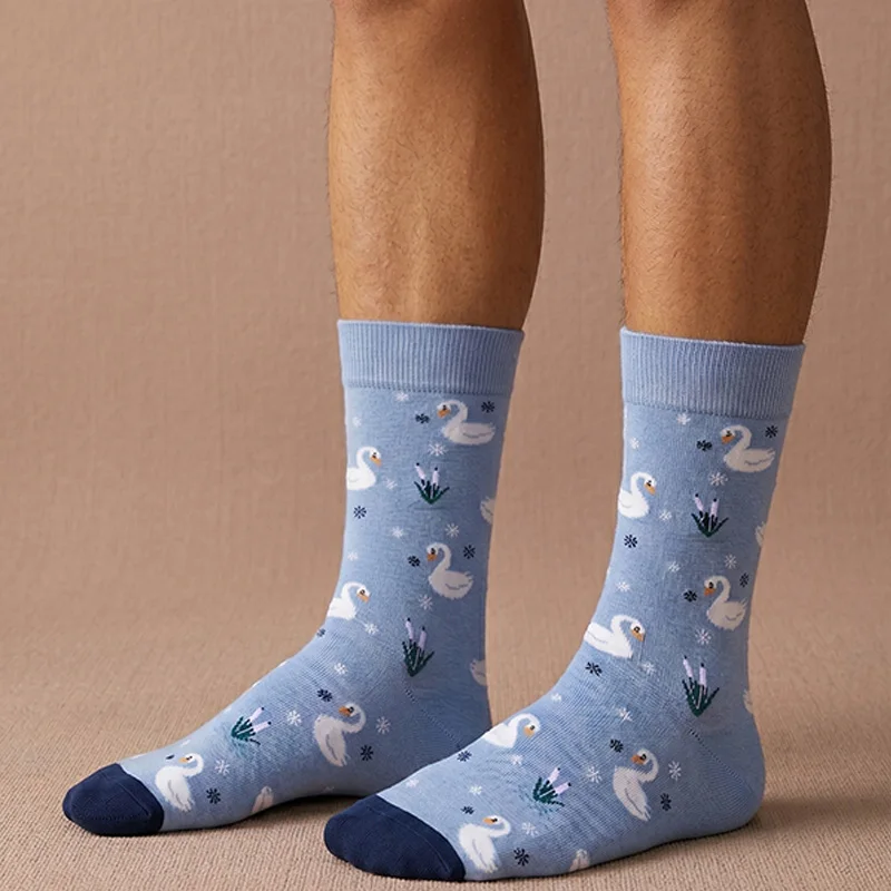 1 Pair of Unisex Socks with Light Blue Background, White Swan, Snowflake and Plant Patterns, Navy Blue Contrasting Toes, Polyester, Breathable, Fun, Mid-Calf Length, Suitable for Everyday Wear