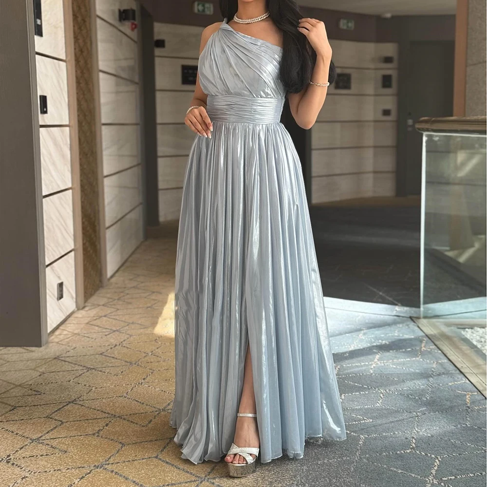 

Customized A-line Evening Dresses Floor-length One-shoulder Sleeveless Prom Gown Simple Fashion Plea Draped Backless Party Gown