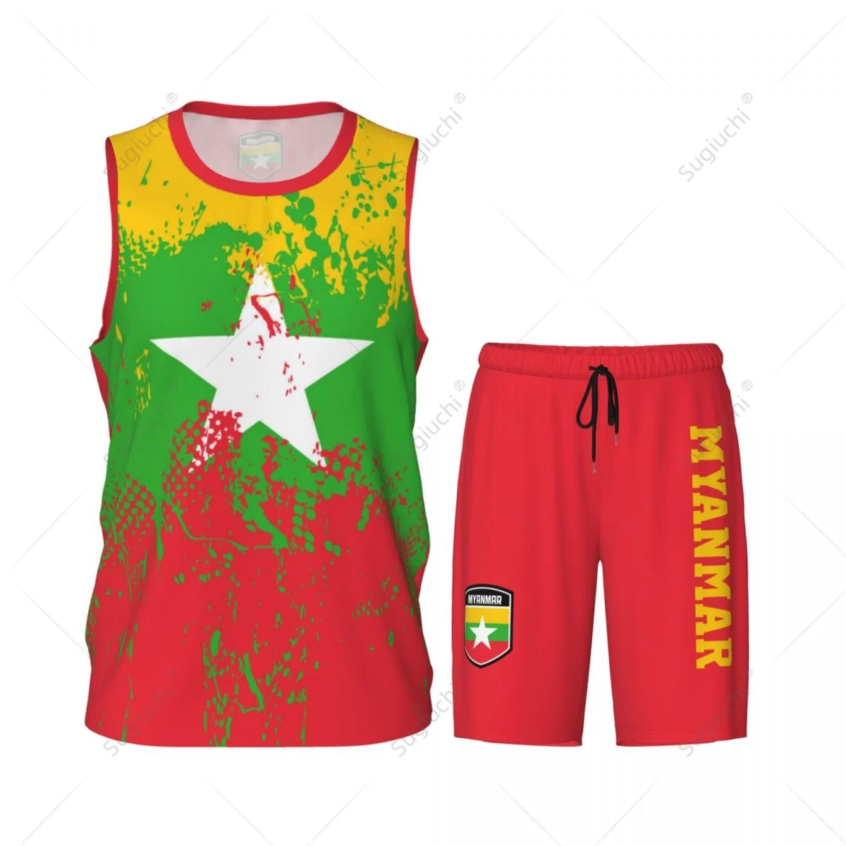 Team-Up Myanmar Vlag Graan Mannen Basketbal Jersey Set Shirt & Broek Mouwloos Aangepaste Naam Nunber Exclusief