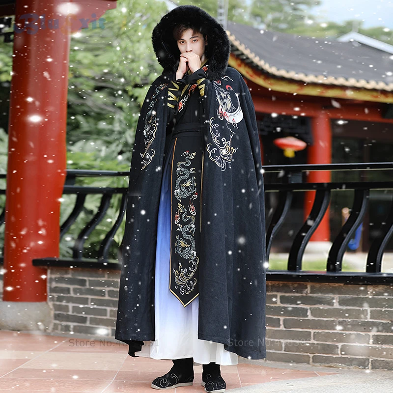 

Embroidered Dragon Hanfu Cloak Long Hooded Cape Tang Song Dynasty Ethnic Chinese Traditional Ancient Costume Faux Fur Collar