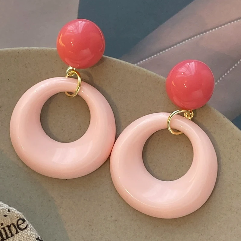 Candy Color Round Circle Dangle Earrings Women Cute Pink Beige Blue Green Acrylic Contrast Color Drop Earrings Trendy Jewelry
