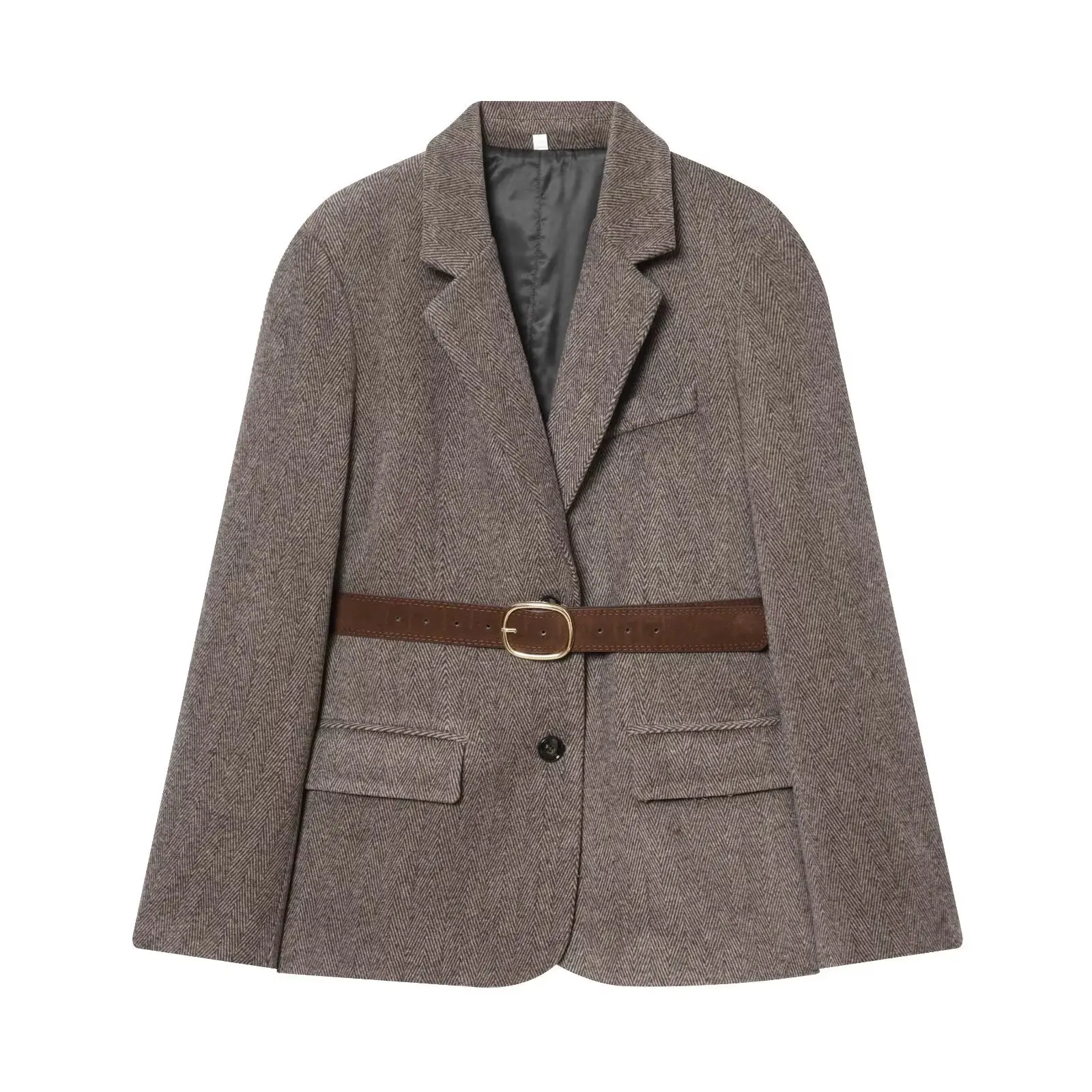 

Women's 2025 new winter style fashionable and versatile commuting style belted herringbone twill suit jacket