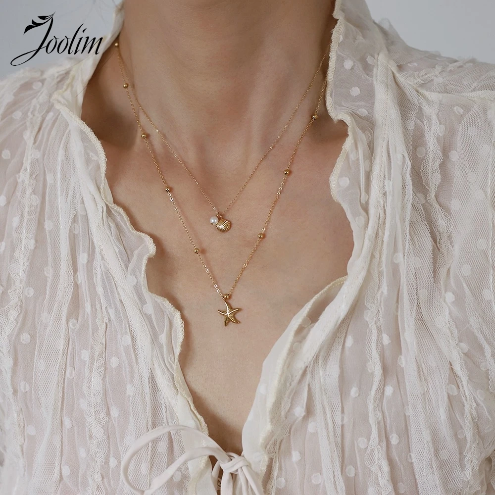 Joolim Jewelry Wholesale Tarnish Free Fashion Double Layers Starfish Shell Pendant Summer Beach Stainless Steel Necklace for Wom