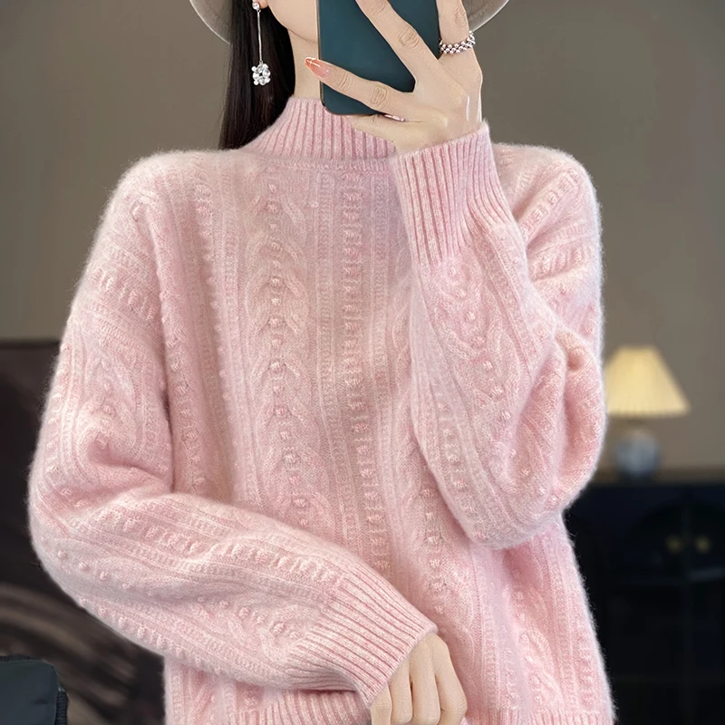 Autumn Winter Basic Mock Neck 100% Merino Wool Sweater Pullover Cashmere Solid Color Lazy Style Long Sleeves Clothing Tops