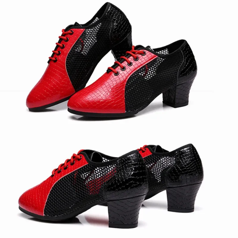 Chaussures de danse latine en plein air pour femmes, baskets de tango modernes, chaussures de salle de Rhjazz, chaussures de salsa, chaussures de formation d'enseignant, rouge et noir