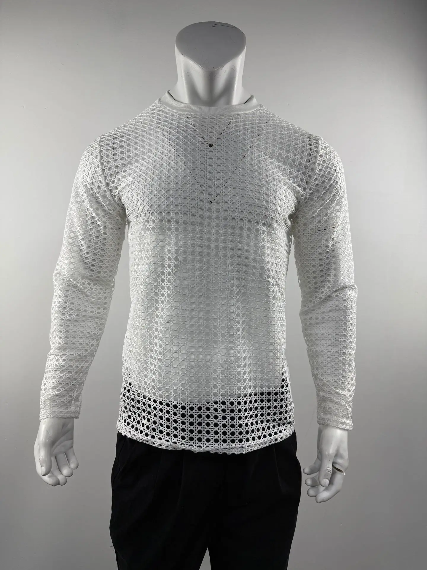 Men's Simple Sexy Mesh Tops Spring/Summer American Casual Fashion Round Neck Hollow Out Knitted Long Sleeve T-shirt - view 5