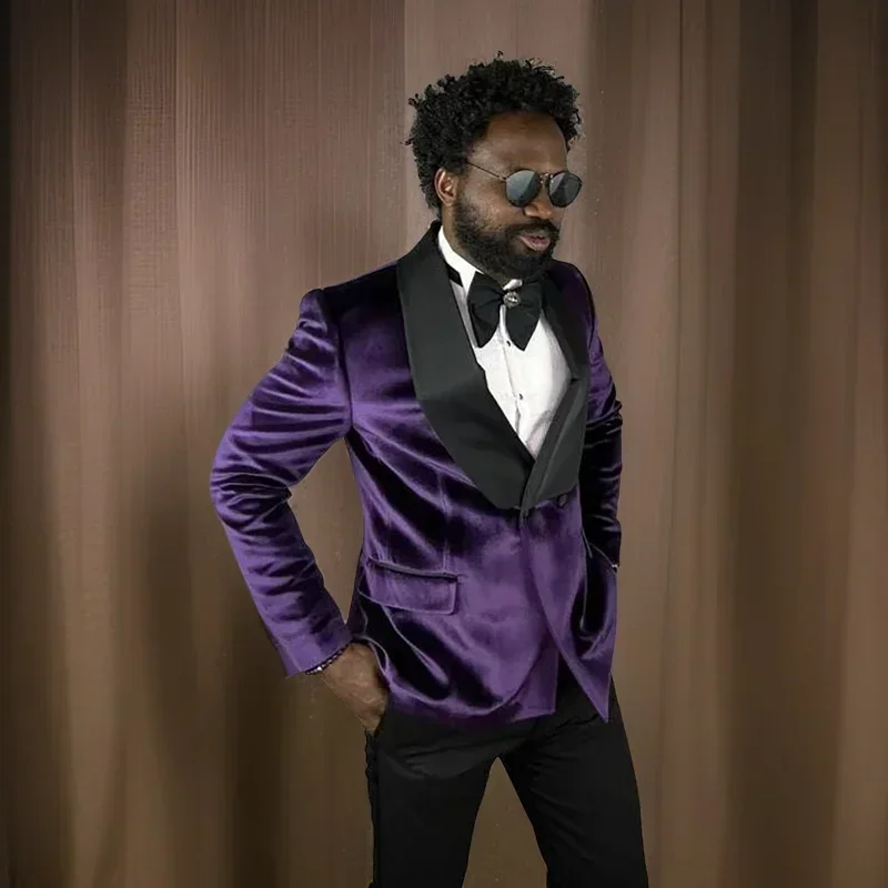 

Formal Wedding Tuxedo For Groom Double Breasted Men Suits Slim Fit Shawl Lapel African 2 Pieces Velvet Blazer With Pants