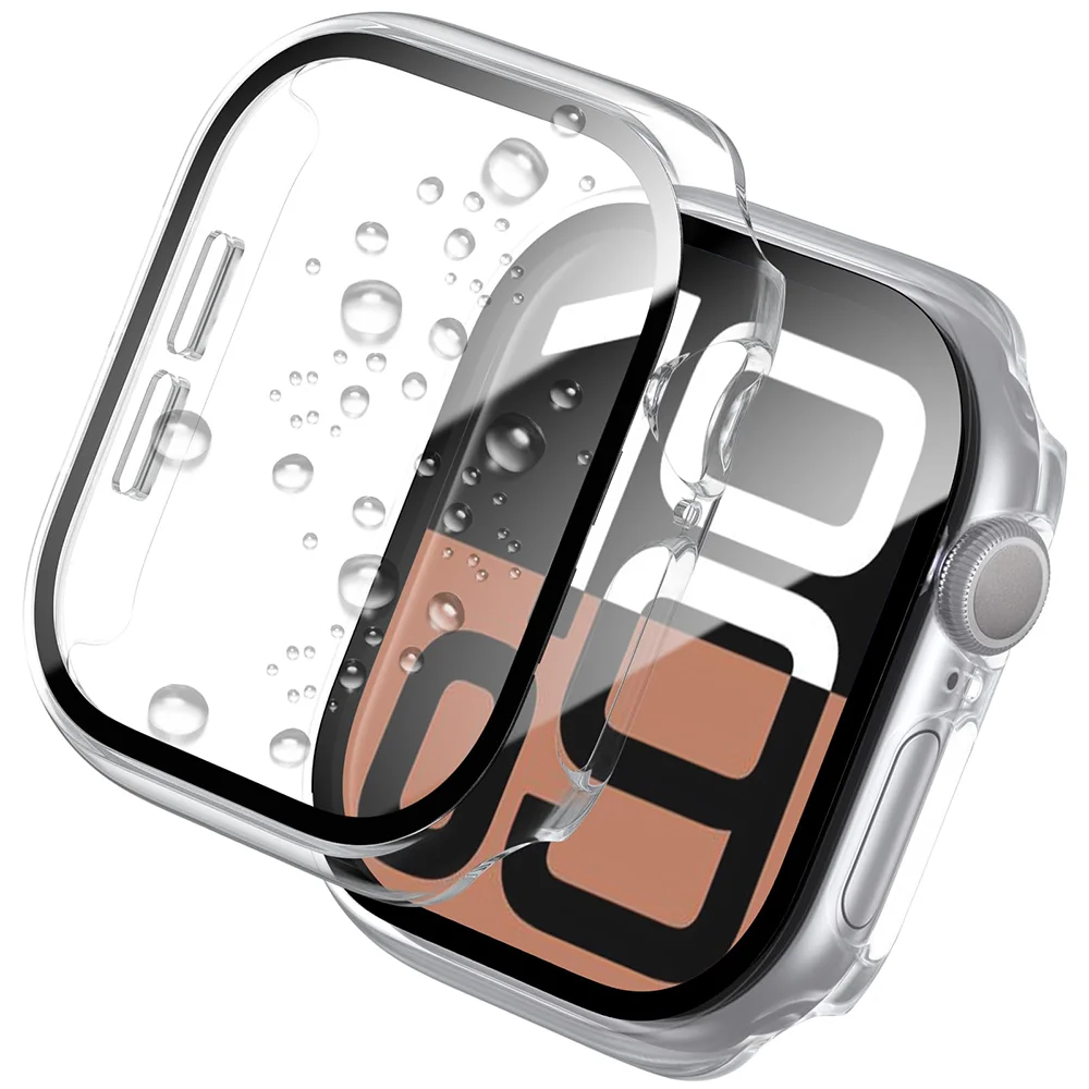 Gehärtetes Glas + Hülle für Apple Watch Serie 10 42 mm 46 mm 45 mm 41 mm 44 mm 38–40 mm PC-Stoßstange Displayschutzfolie Serie 9 8 7 6 5 4 se