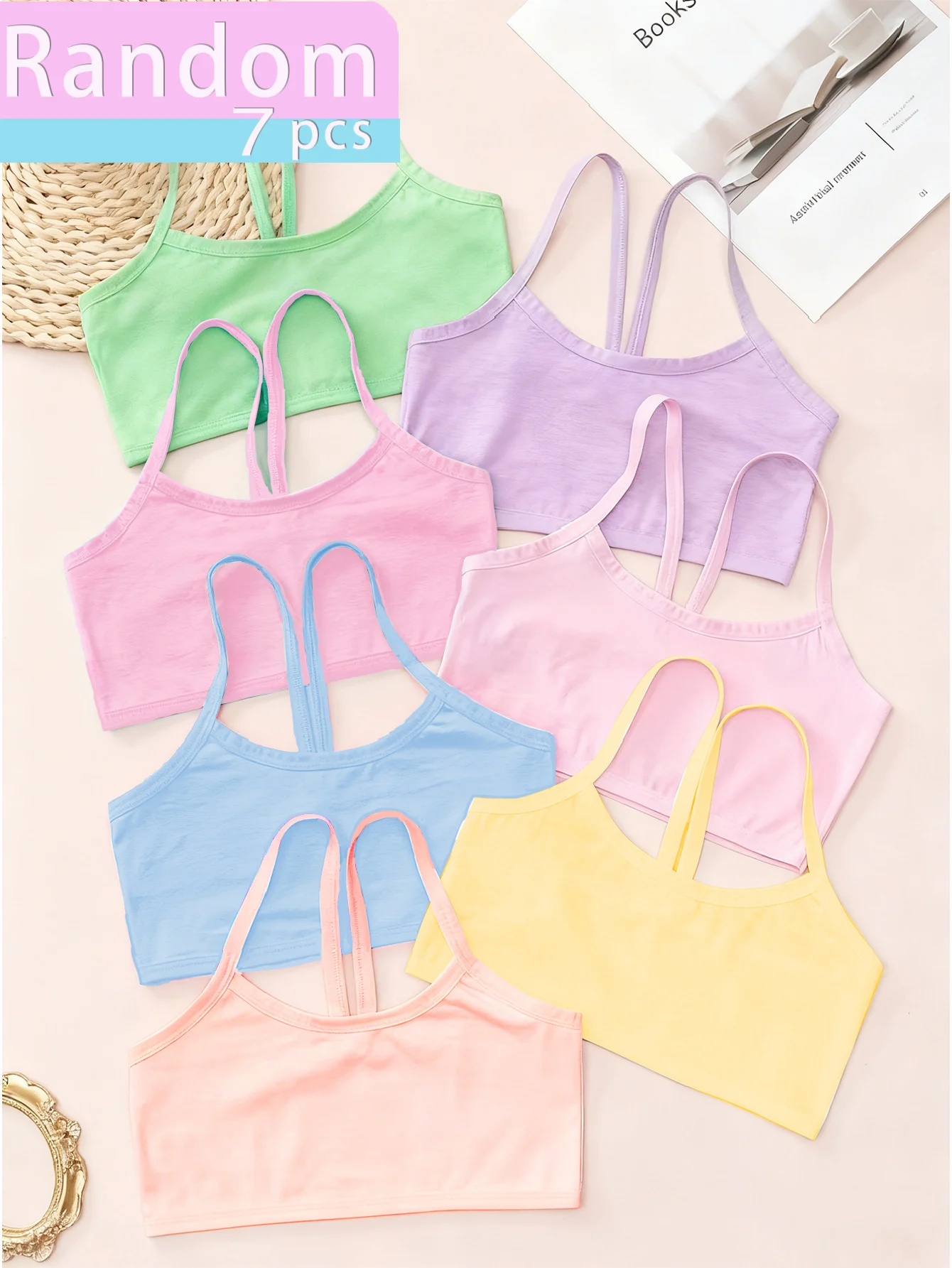 Random 7-Piece Set of Girls' Pure Cotton Soft and Comfortable Tank Tops, Lightweight and Breathable, Simple and Stylish Solid Color Macaron Color Comfortable Camisole Tank Tops