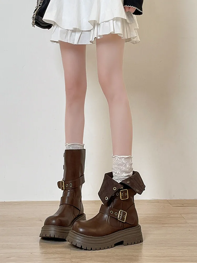 

British Style Casual Height Increasing Fashion Boots For Women 2025 Autumn Winter New Mid-Calf Thick Sole Foldable Boots