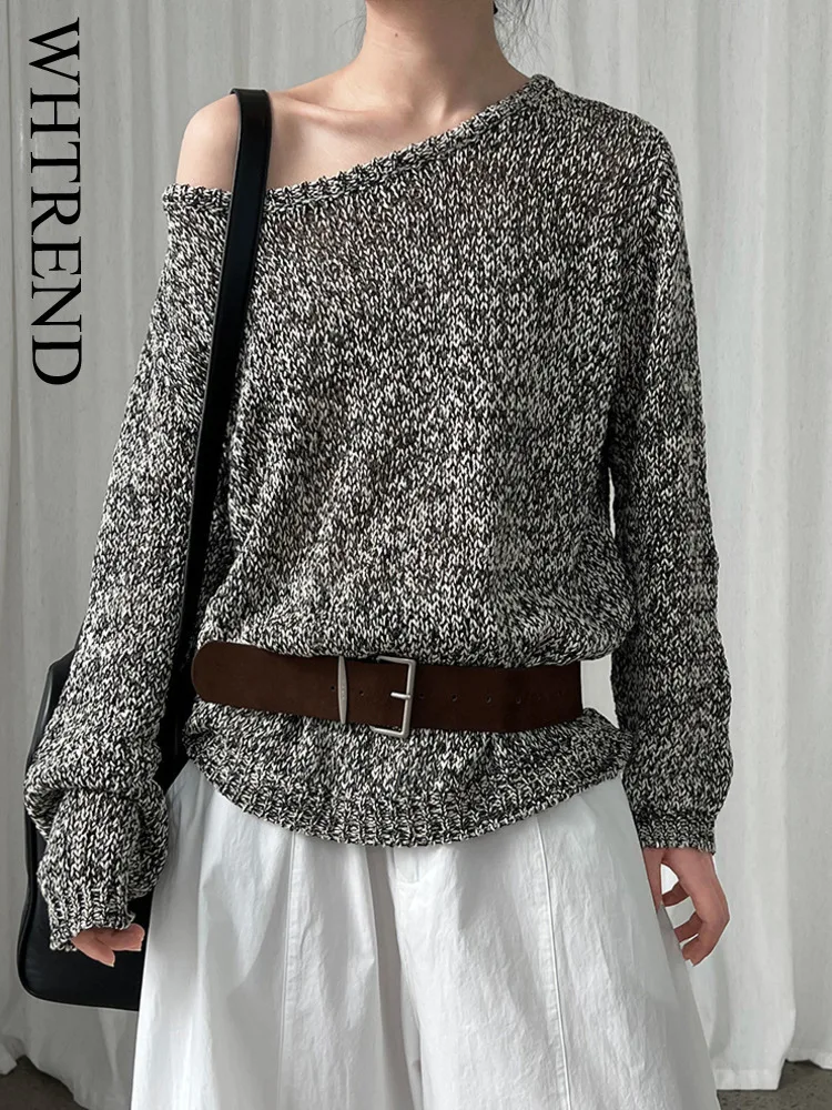 

WHTREND асимметричный вязаный свитер из пряжи с цветочным принтом на плечах для женщин, осень 2023, новый стиль с поясом WH1271