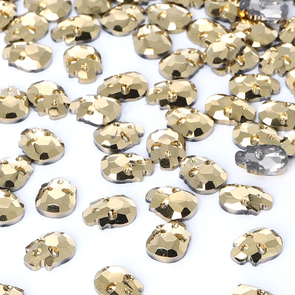 6x8mm Skull Shaped Crystal Glitter Glass Diamonds Gold Flatback Rhinestones Design Accessories For Nail Art Decorations